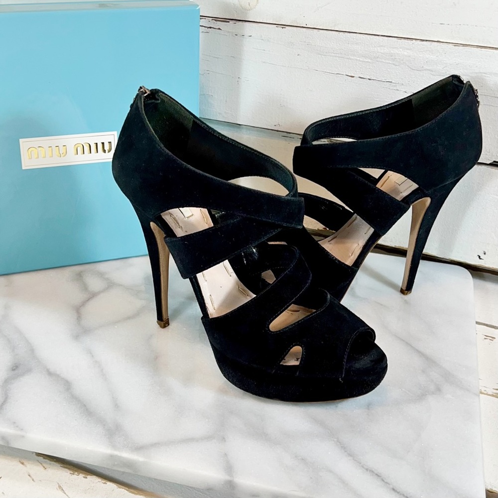 Miu Miu Suede Open-Toe Zippered Back Stilettos